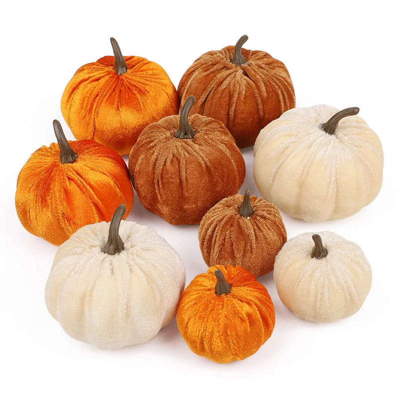 🎃 Fluwelen Pompoenen Set 9 Stuks - Kunstmatige Herfst Decoratie voor Halloween & Thanksgiving