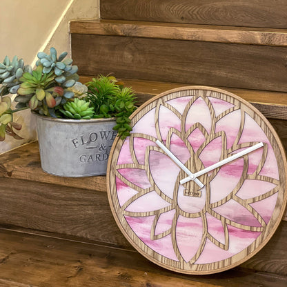 🌸 Lotus Wandklok 40cm - Roze Houten Design Klok
