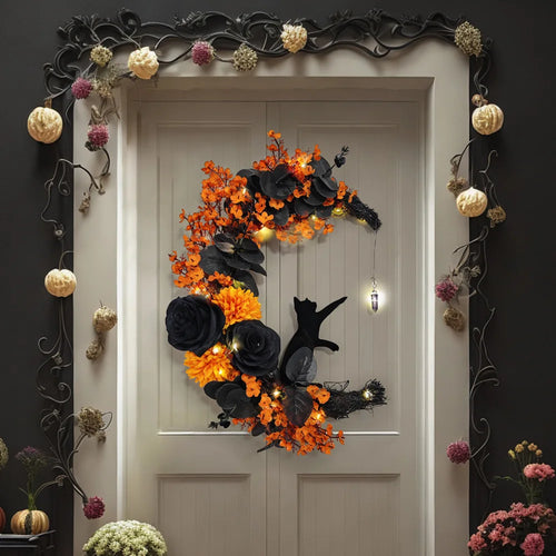 🎃 Halloween Deurkrans Gotisch - Handgemaakte Maan & Kat Decoratie voor Binnen & Buiten