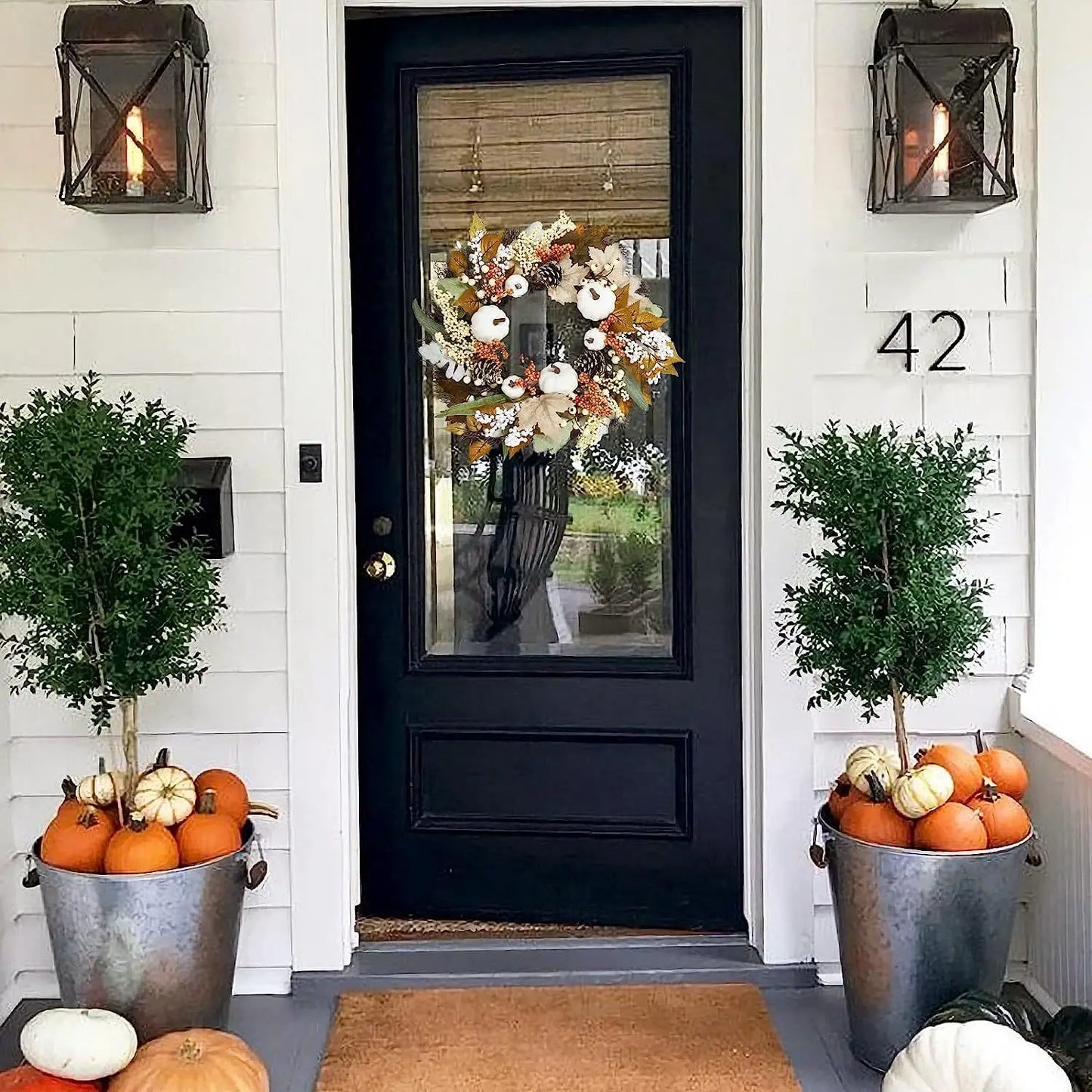 🍂 Herfst Witte Pompoenkrans - Thanksgiving Decoratie met Esdoornbladeren voor Binnen & Buiten 45cm