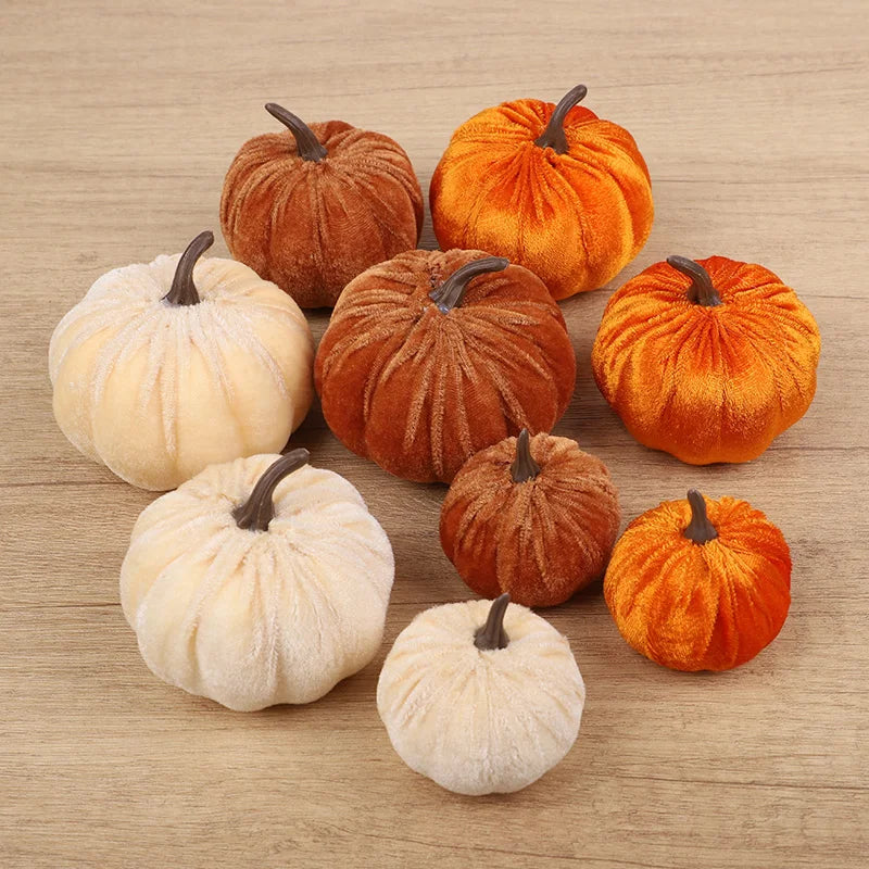 🎃 Fluwelen Pompoenen Set 9 Stuks - Kunstmatige Herfst Decoratie voor Halloween & Thanksgiving