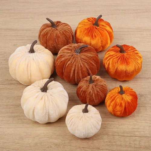 🎃 Fluwelen Pompoenen Set 9 Stuks - Kunstmatige Herfst Decoratie voor Halloween & Thanksgiving