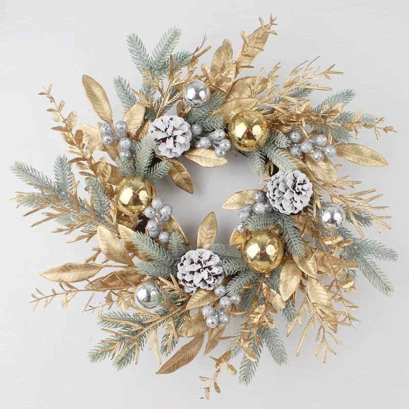 🎄 Luxe Kerstkrans Goud - Kunstmatige Bloemen & Dennenappels voor Voordeur Binnen & Buiten