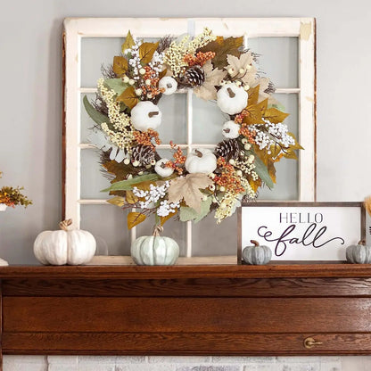 🍂 Herfst Witte Pompoenkrans - Thanksgiving Decoratie met Esdoornbladeren voor Binnen & Buiten 45cm