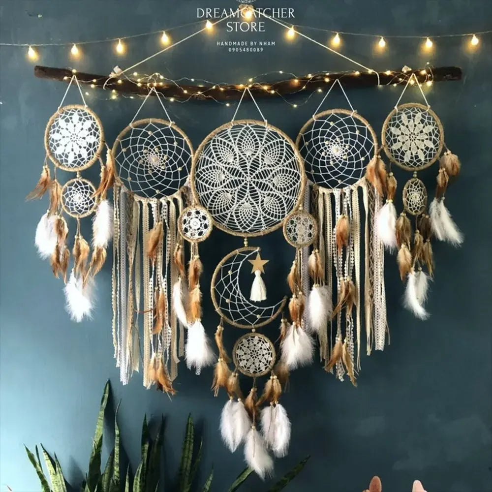 🌙 Dromenvangers Set 5 Stuks - Boho Macrame Wanddecoratie met Maan voor Kinderkamer & Ramadan