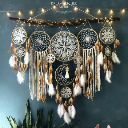 🌙 Dromenvangers Set 5 Stuks - Boho Macrame Wanddecoratie met Maan voor Kinderkamer & Ramadan