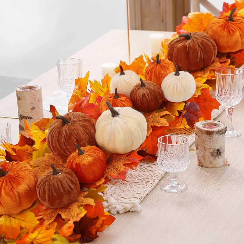🎃 Fluwelen Pompoenen Set 9 Stuks - Kunstmatige Herfst Decoratie voor Halloween & Thanksgiving