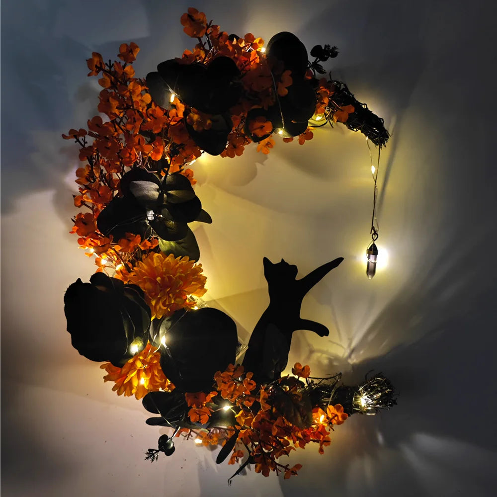 🎃 Halloween Deurkrans Gotisch - Handgemaakte Maan & Kat Decoratie voor Binnen & Buiten