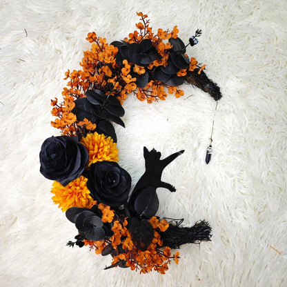 🎃 Halloween Deurkrans Gotisch - Handgemaakte Maan & Kat Decoratie voor Binnen & Buiten