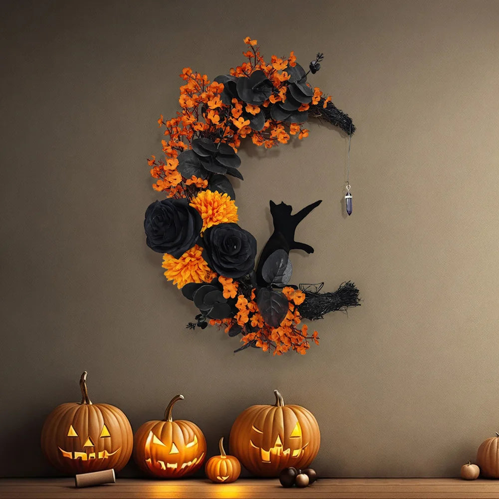 🎃 Halloween Deurkrans Gotisch - Handgemaakte Maan & Kat Decoratie voor Binnen & Buiten