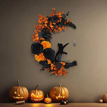 🎃 Halloween Deurkrans Gotisch - Handgemaakte Maan & Kat Decoratie voor Binnen & Buiten