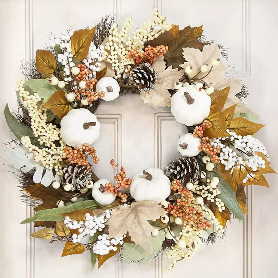 🍂 Herfst Witte Pompoenkrans - Thanksgiving Decoratie met Esdoornbladeren voor Binnen & Buiten 45cm