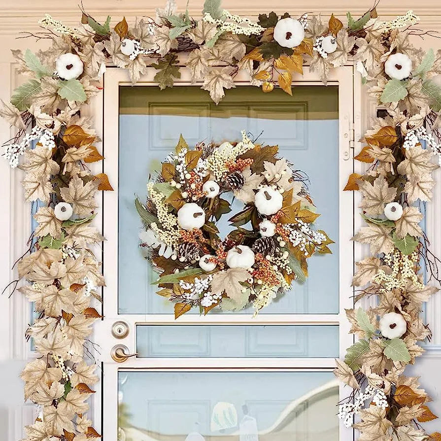 🍂 Herfst Witte Pompoenkrans - Thanksgiving Decoratie met Esdoornbladeren voor Binnen & Buiten 45cm