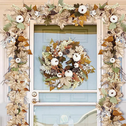 🍂 Herfst Witte Pompoenkrans - Thanksgiving Decoratie met Esdoornbladeren voor Binnen & Buiten 45cm