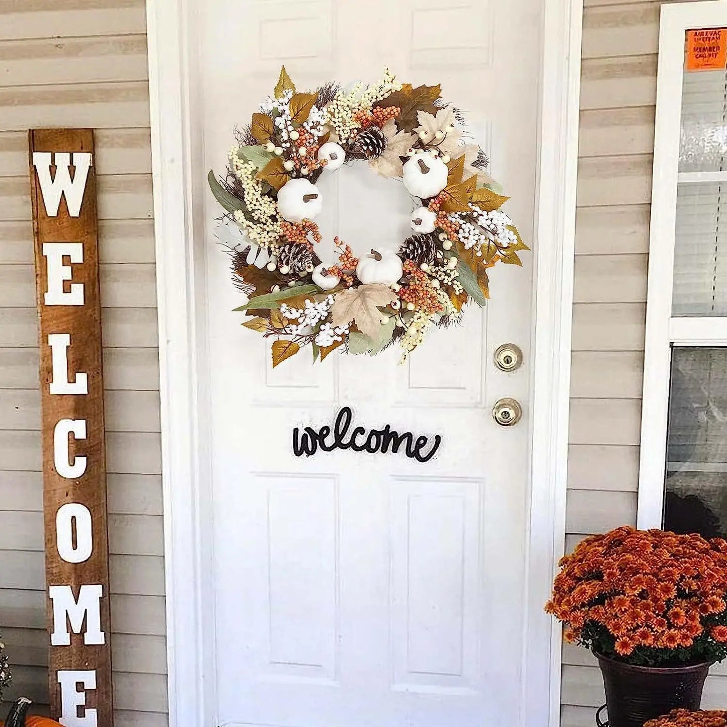 🍂 Herfst Witte Pompoenkrans - Thanksgiving Decoratie met Esdoornbladeren voor Binnen & Buiten 45cm
