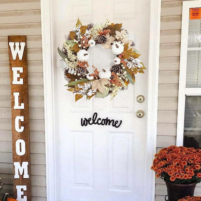 🍂 Herfst Witte Pompoenkrans - Thanksgiving Decoratie met Esdoornbladeren voor Binnen & Buiten 45cm