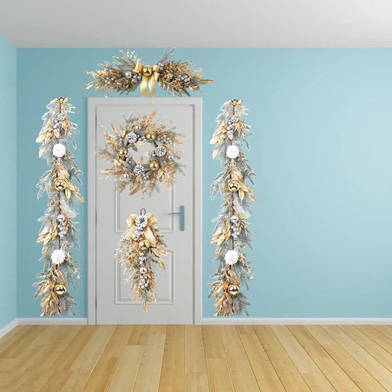 🎄 Luxe Kerstkrans Goud - Kunstmatige Bloemen & Dennenappels voor Voordeur Binnen & Buiten