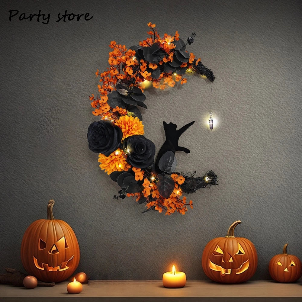 🎃 Halloween Deurkrans Gotisch - Handgemaakte Maan & Kat Decoratie voor Binnen & Buiten
