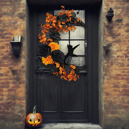 🎃 Halloween Deurkrans Gotisch - Handgemaakte Maan & Kat Decoratie voor Binnen & Buiten