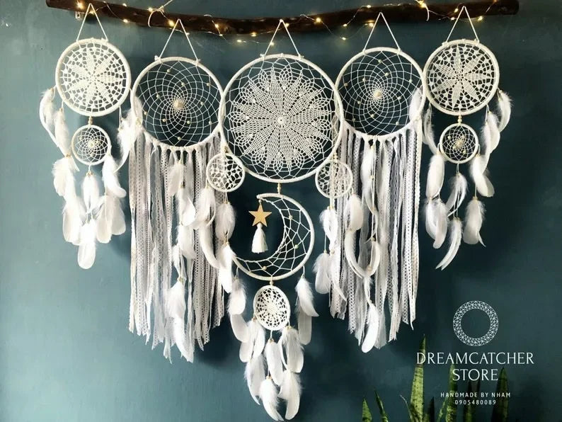 🌙 Dromenvangers Set 5 Stuks - Boho Macrame Wanddecoratie met Maan voor Kinderkamer & Ramadan